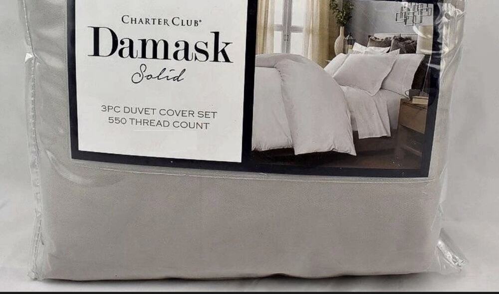 Charter Club Damask Solid 550 Thread Count KING Duvet Cover & Shams Smoke Gray